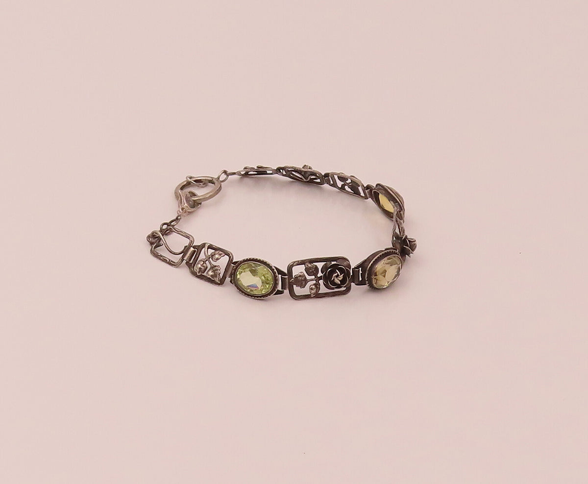 GERMANY 925 Silver  Vintage Rose & Leaf stencil Cutout Citrine Bracelet BT9839