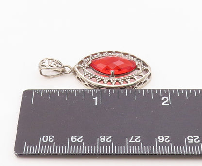 925 Sterling Silver Vintage Pendant Marquise Cut Ruby Openwork Charm  PT26347