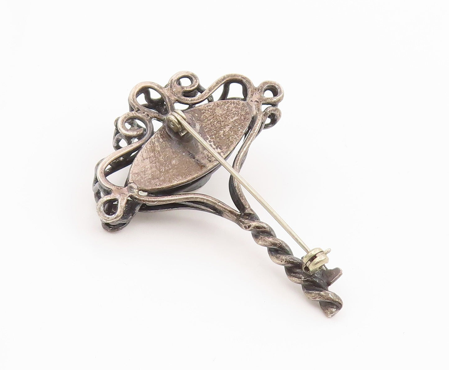 925 Sterling Silver Vintage Brooch Pin Round Pearl Elegant Scroll Key  BP12360