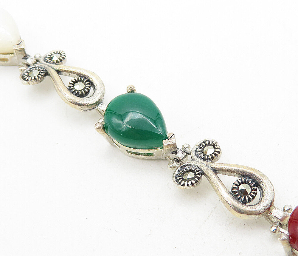 925 Silver  Vintage Turquoise Mother Of Pearl Onyx & Carnelian Bracelet BT3681