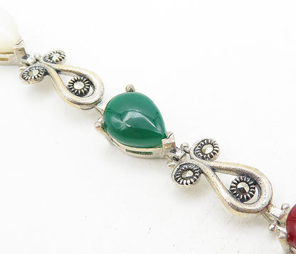 925 Silver  Vintage Turquoise Mother Of Pearl Onyx & Carnelian Bracelet BT3681