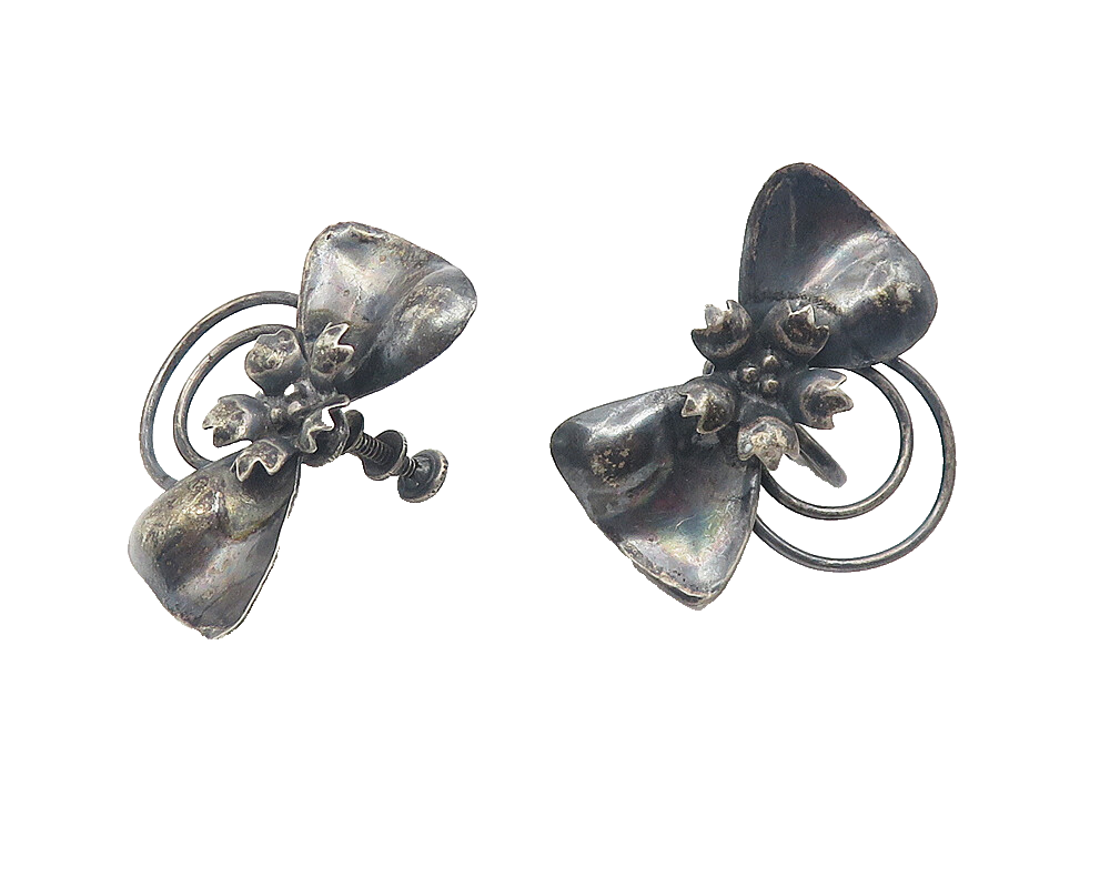 925 Sterling Silver  Vintage Antique Flower Bow Non Pierce Earrings  EG5965