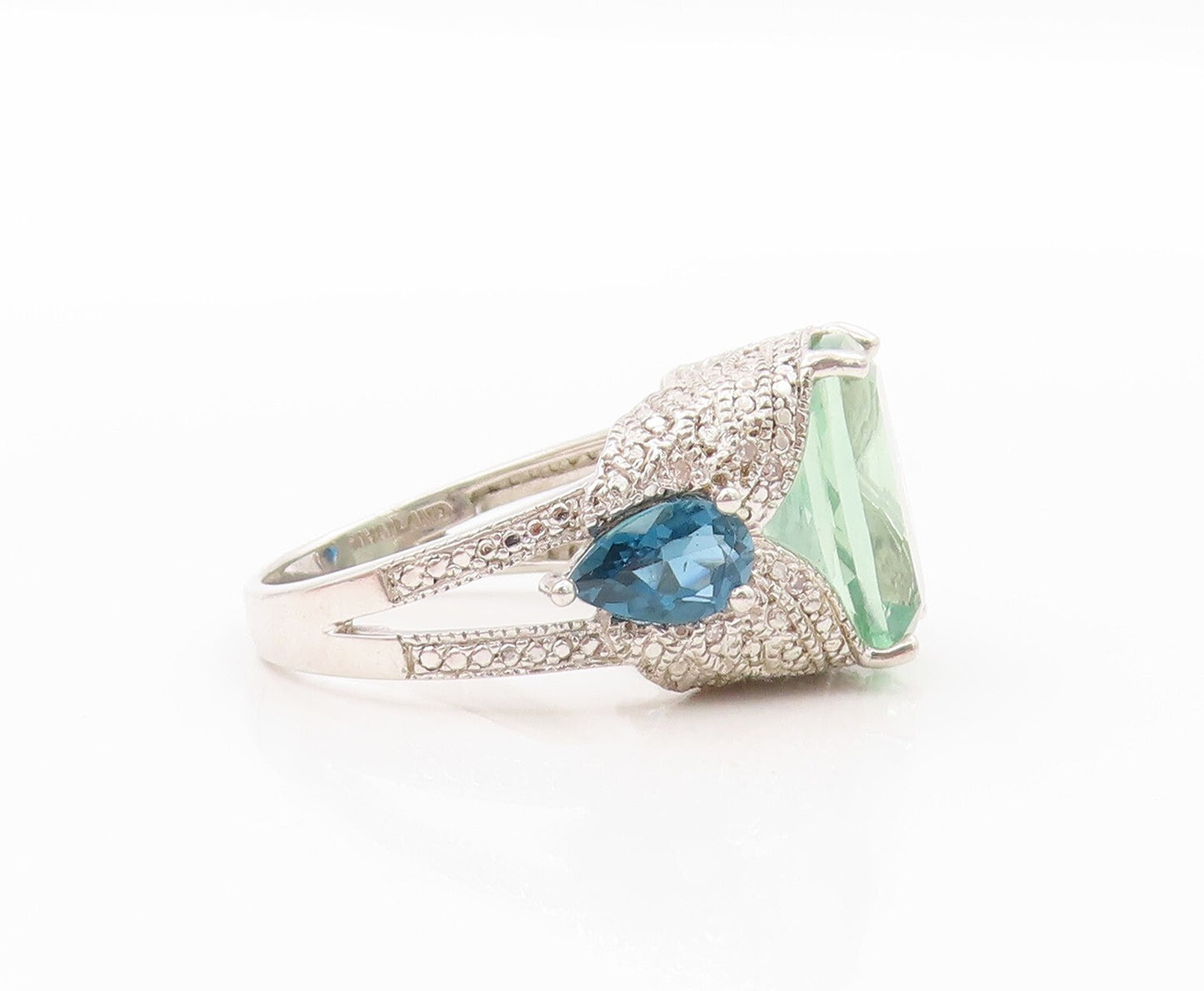 925 Sterling Silver Vintage Ring Large Green Topaz & Blue Sapphire RG31934