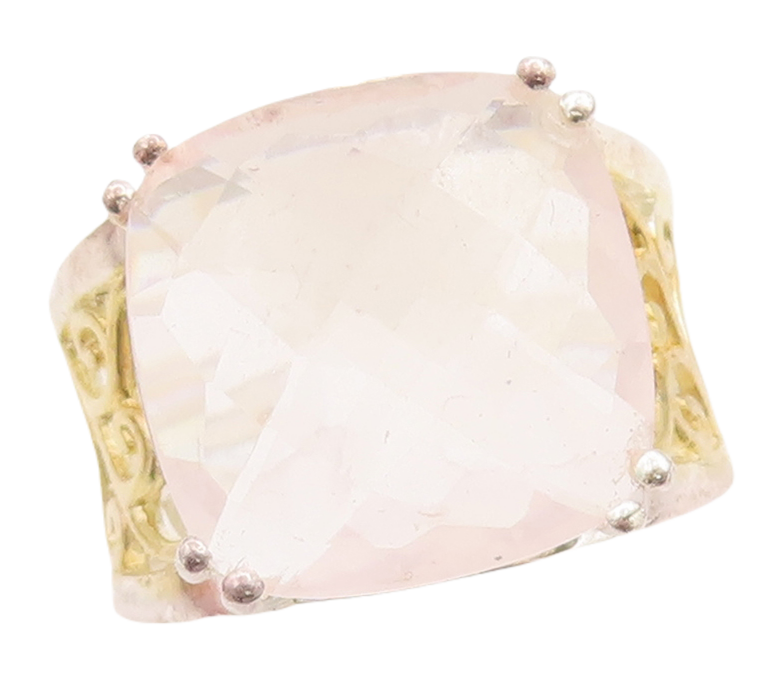 925 Sterling Silver Vintage Ring Gold Plated Swirly Cut Rose Quartz Sz 7 RG29226