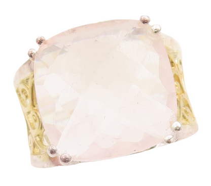 925 Sterling Silver Vintage Ring Gold Plated Swirly Cut Rose Quartz Sz 7 RG29226