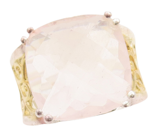 925 Sterling Silver Vintage Ring Gold Plated Swirly Cut Rose Quartz Sz 7 RG29226