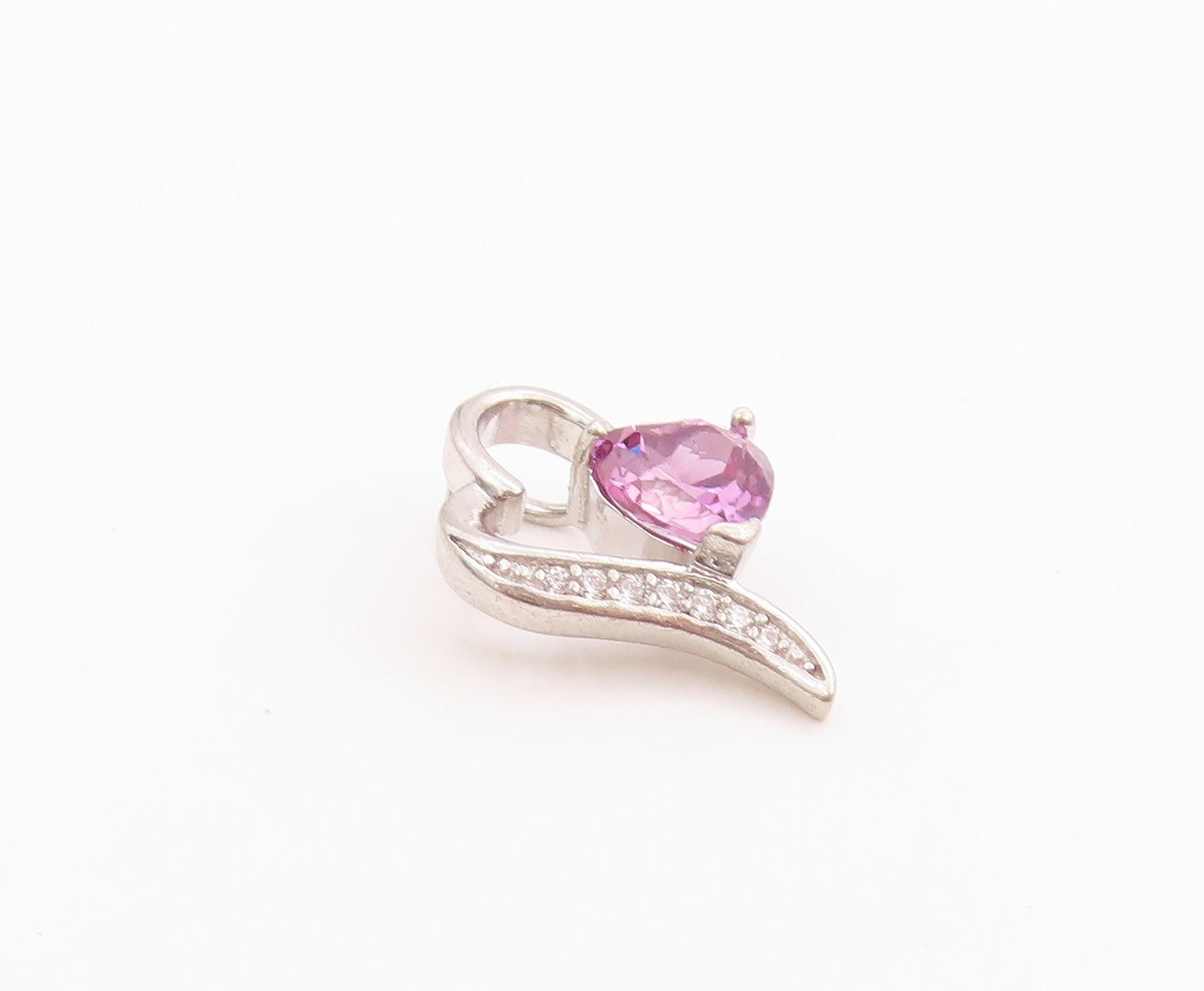 925 Sterling Silver Vintage Pendant Amethyst & CZ Stretched Love Heart  PT24917