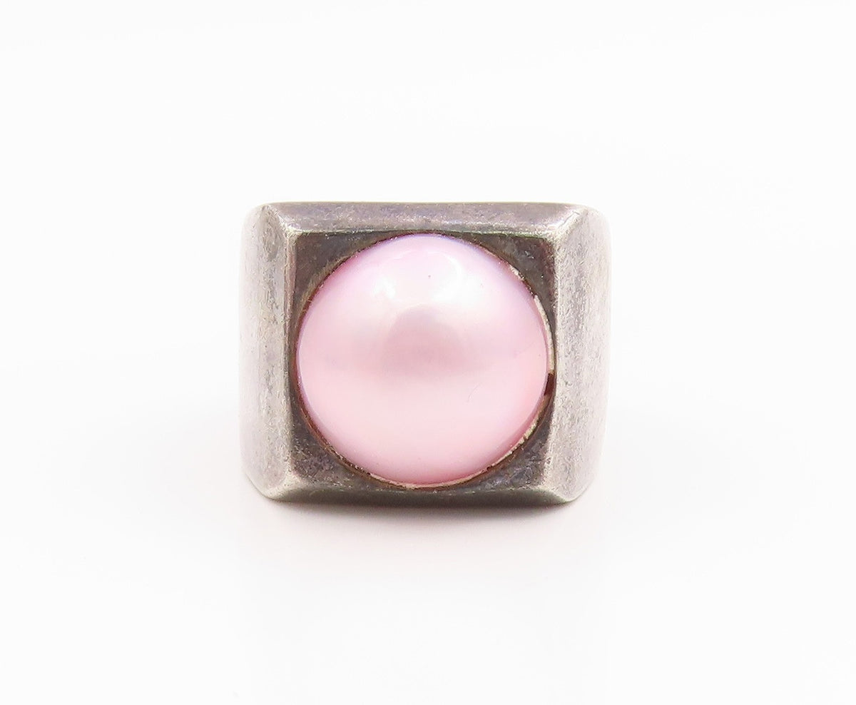 925 Sterling Silver Vintage Ring Classic Pearl Geometric Signet  Sz 6  RG35529