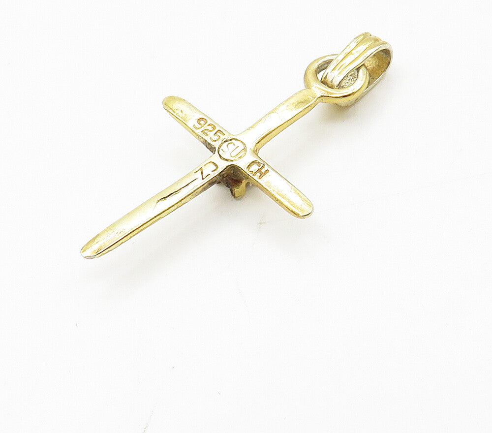 925 Sterling Silver   Topaz Gold Plated Religious Cross Pendant  PT12766