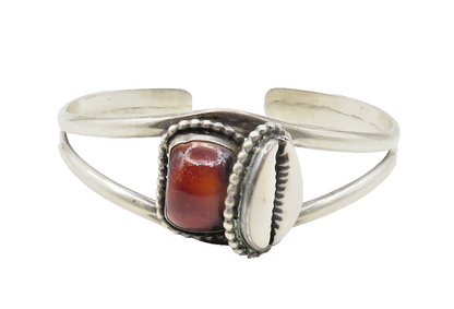 925 Sterling Silver  Vintage Red Stone & Cowrie Split Cuff Bracelet  BT5687