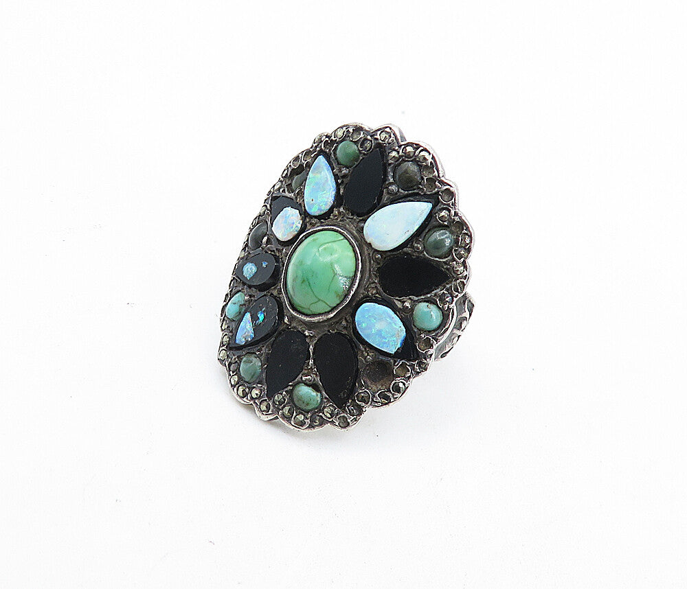 925 Silver  Vintage Turquoise Onyx & Opal Victorian Cocktail Ring Sz 5  RG7641