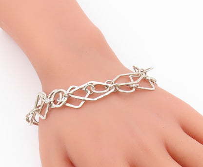 DESIGNER 925 Silver Vintage Shiny Hammered Multi Shape Chain Bracelet BT8819