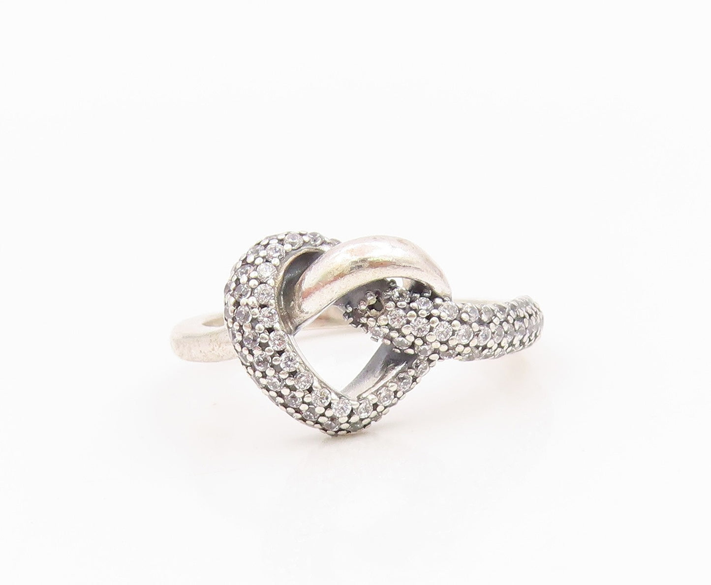 925 Sterling Silver Vintage Ring PANDORA CZ Knotted Love Heart Band Sz 6 RG35433
