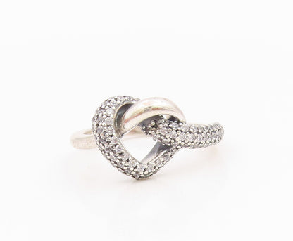 925 Sterling Silver Vintage Ring PANDORA CZ Knotted Love Heart Band Sz 6 RG35433