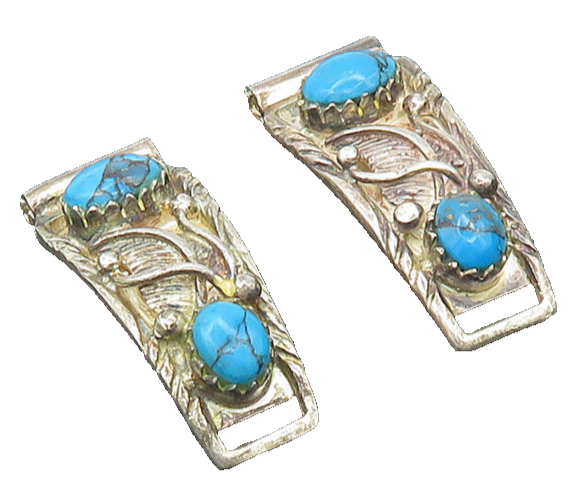 NAVAJO 925 Sterling Silver  Vintage Turquoise Floral Leaf Watch Clips  TR2719