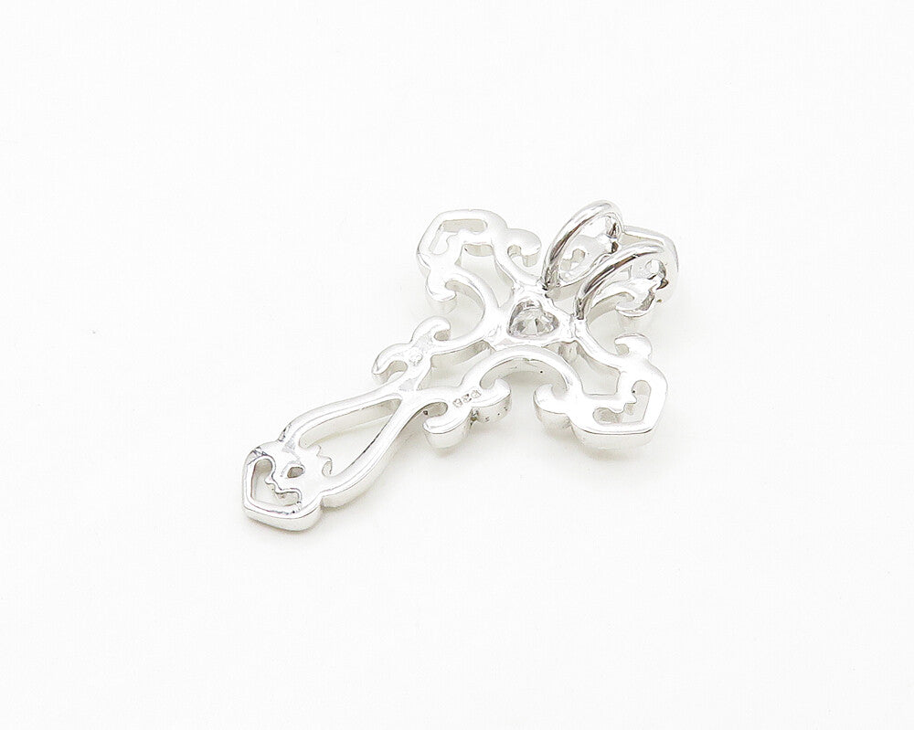 925 Sterling Silver  Love Heart Topaz Shiny Religious Cross Pendant  PT13862
