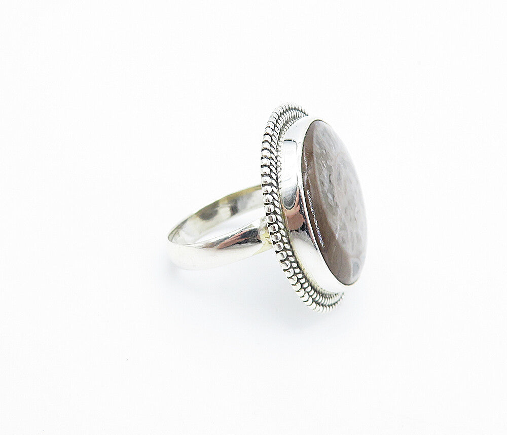 925 Sterling Silver  Jasper Round Fluted Border Cocktail Ring Sz 8  RG8017