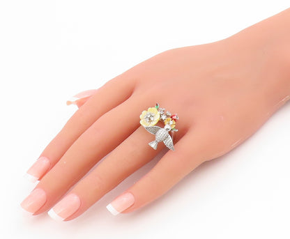 925 Sterling Silver Vintage Ring Round CZ Hummingbird Floral Band  Sz 7  RG34526