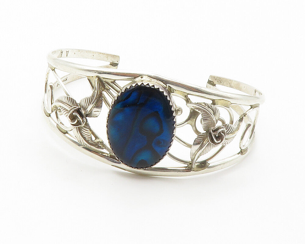 ART ACOYA ZUNI 925 Silver  Vintage Abalone Floral Vine Cuff Bracelet  BT5621