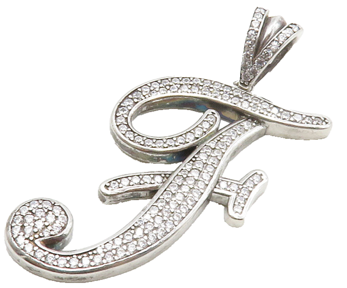 925 Sterling Silver  Shiny Cubic Zirconia Letter F Initial Pendant  PT10437