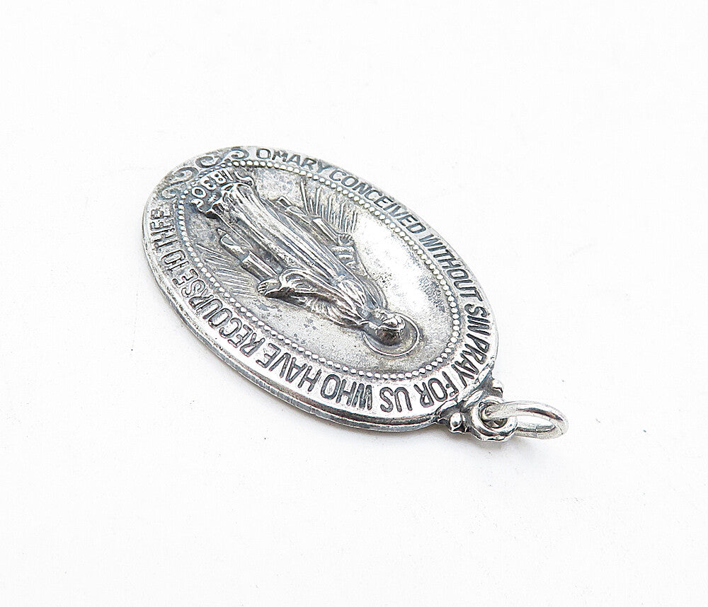 925 Sterling Silver Vintage Virgin Mary Religious Prayer Drop Pendant PT3411