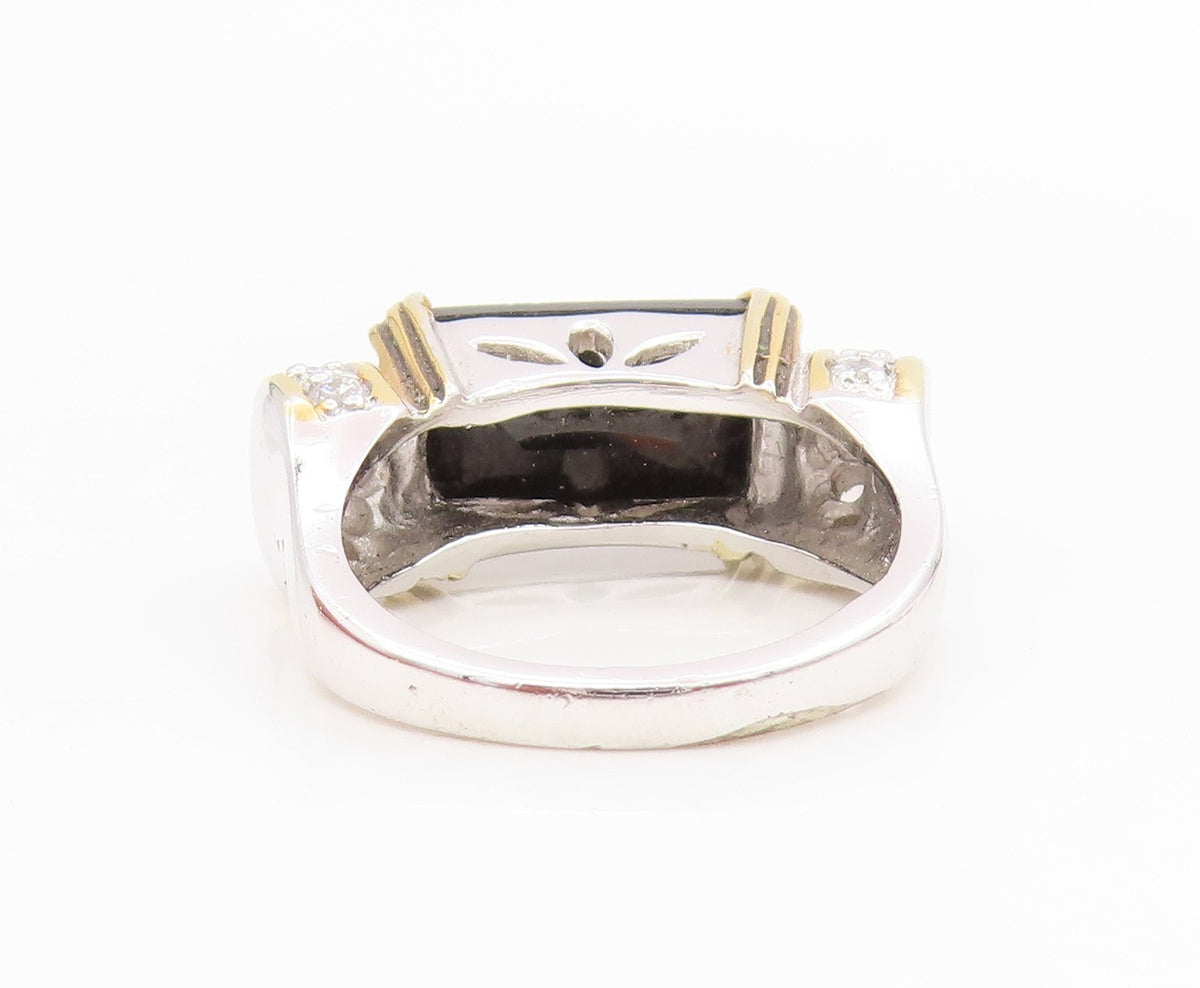 14k Gold & 925 Sterling Silver Vintage Ring Onyx Statement Band  Sz 7  RG34580