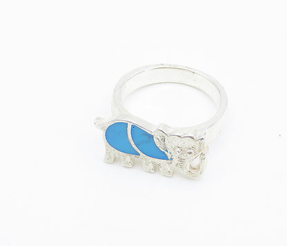 925 Sterling Silver  Inlaid Turquoise Elephant Motif Band Ring Sz 6.5  RG8516