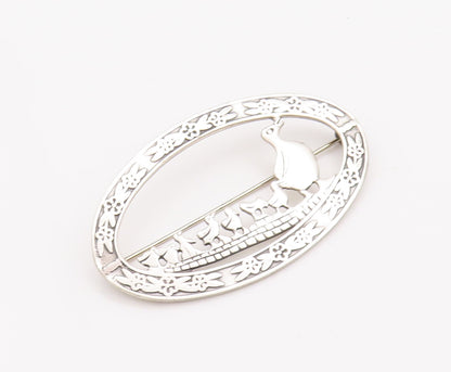 925 Sterling Silver Vintage Brooch Pin Floral Carved Frame Duck Family  BP10359