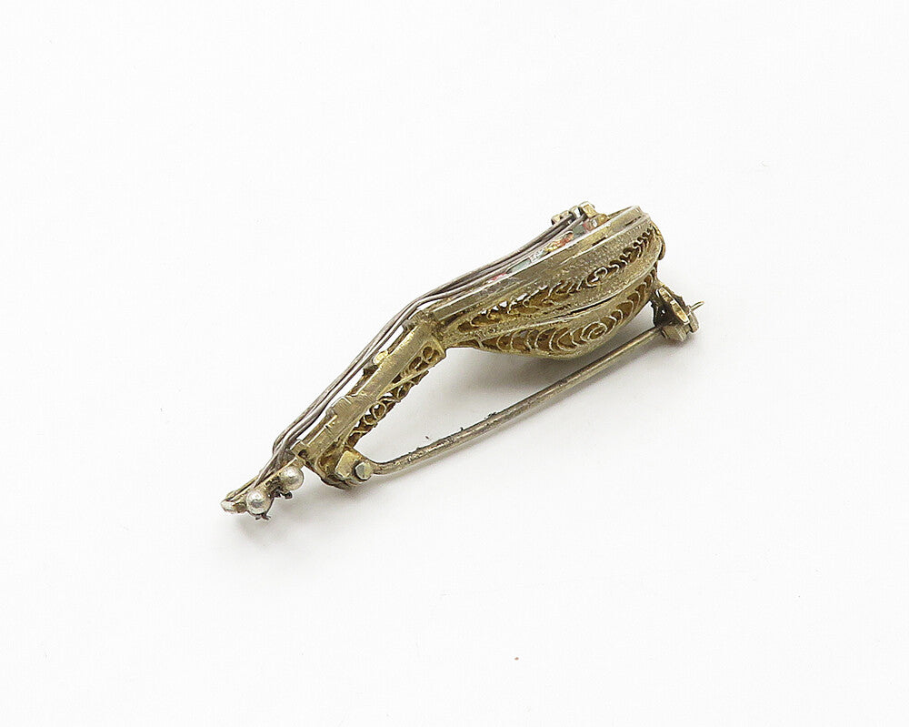 925 Sterling Silver  Vintage Antique Filigree Banjo Motif Brooch Pin  BP7079