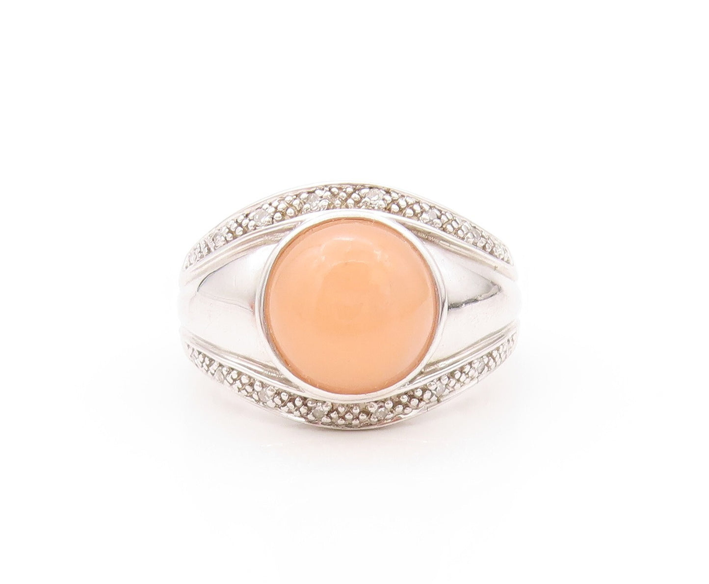 925 Sterling Silver Vintage Ring Diamonds & Orange Cabochon Jade  SZ 8  RG32143