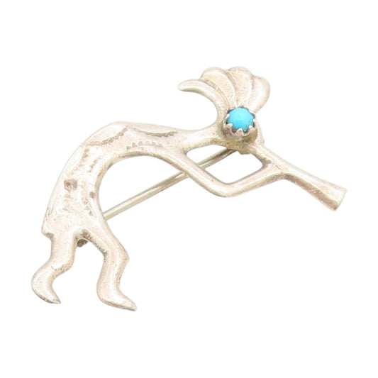 925 Sterling Silver Vintage Brooch Pin NAVAJO Turquoise Kokopelli Flute  BP12232