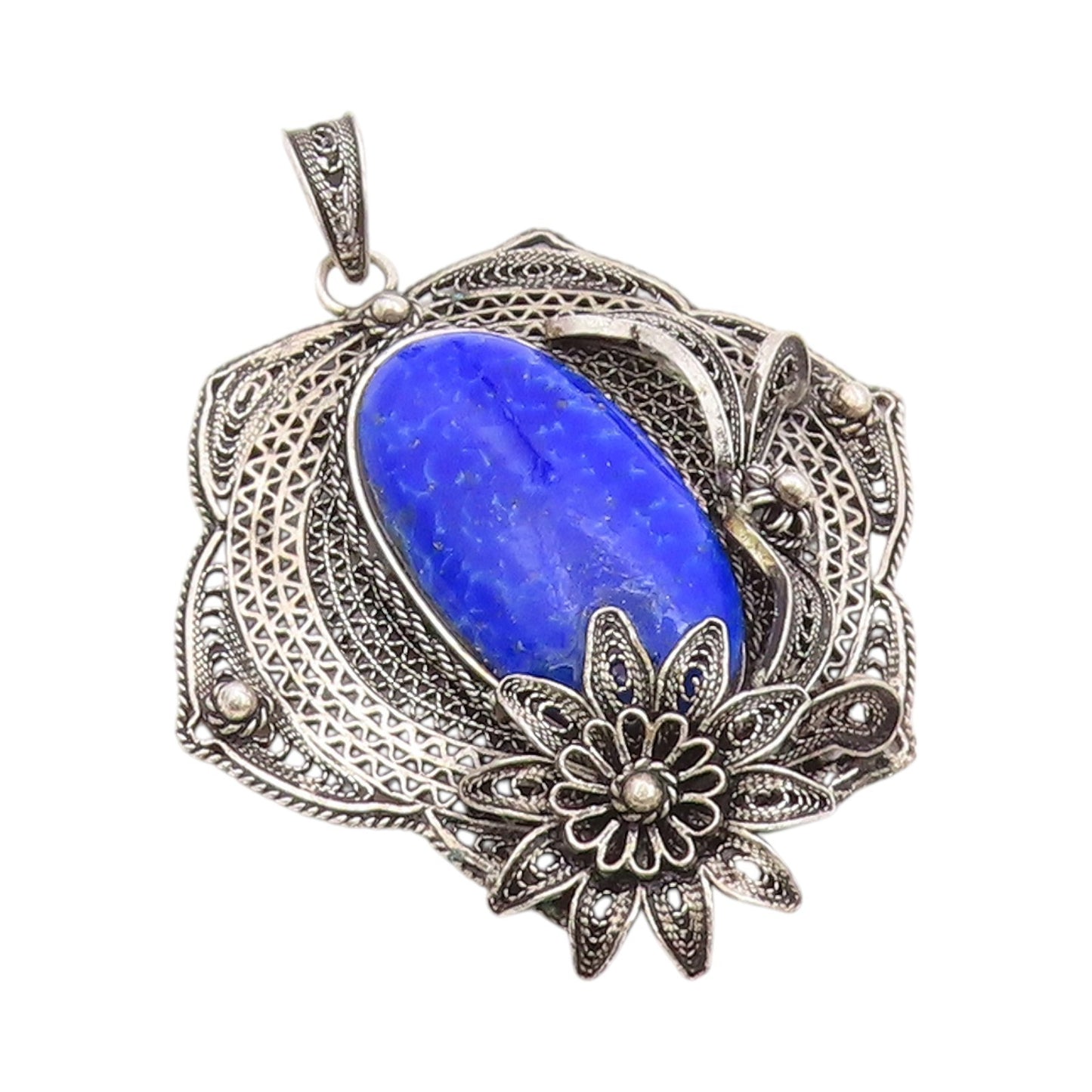 925 Sterling Silver Vintage Pendant Gemstone Dark Tone Floral Filigree  PT24762