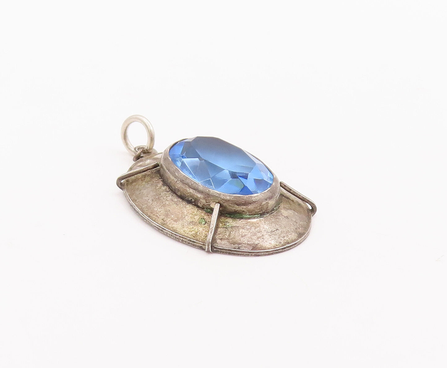 925 Sterling Silver Vintage Pendant Large Oval Cut Blue CZ Shield  PT23081
