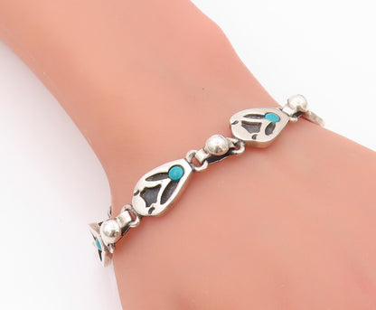 925 Sterling Silver Vintage Bracelet MEXICO Turquoise Flower Carved  BT11083