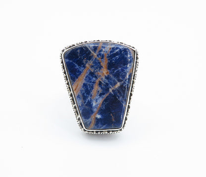 925 Sterling Silver  Sodalite Swirl Border Shiny Cocktail Ring Sz 10  RG8130
