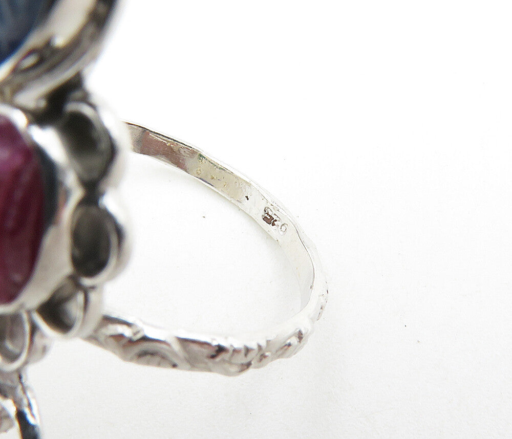 925 Sterling Silver  Carnelian Ruby & Sapphire Cocktail Ring Sz 8  RG8866