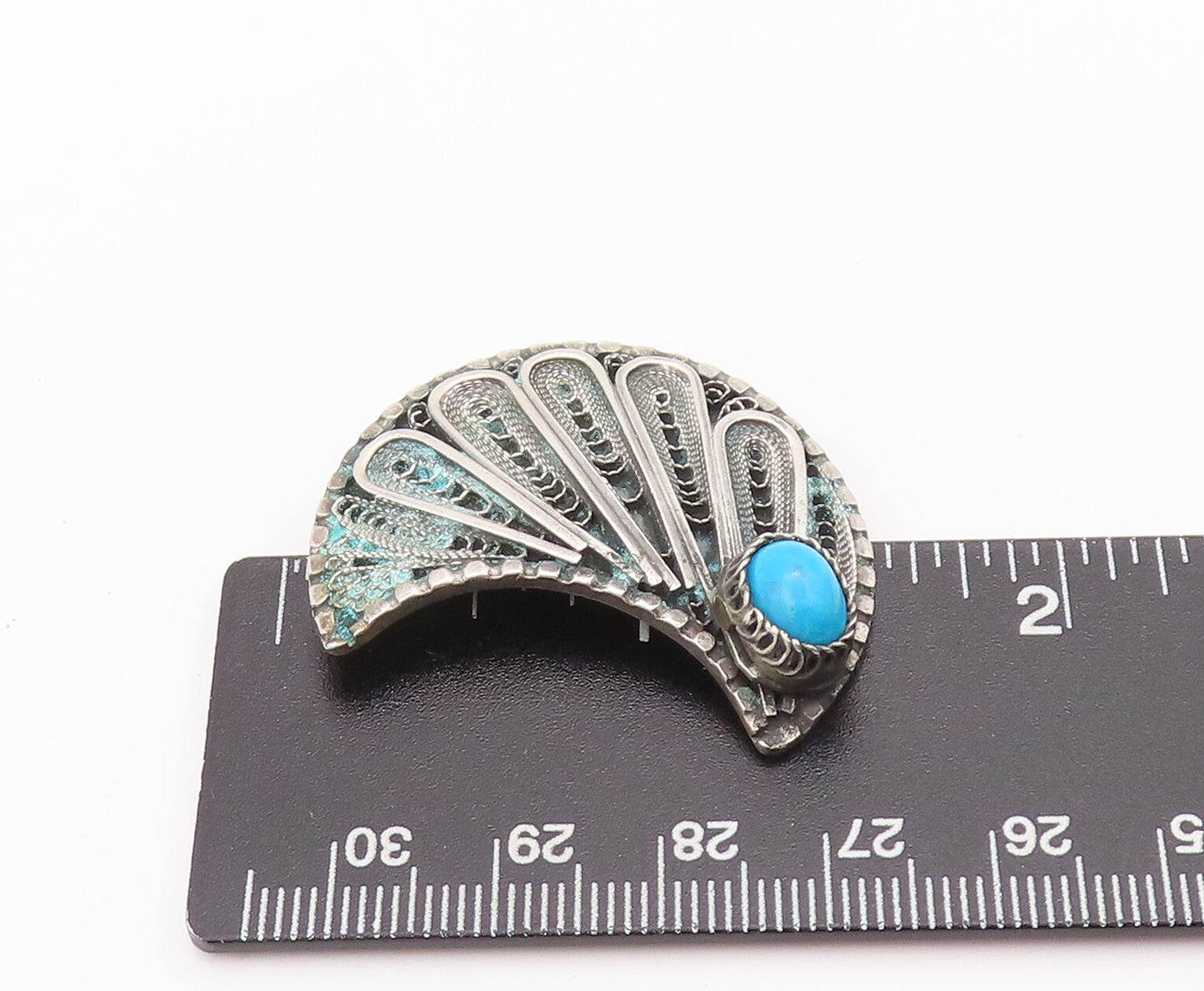925 Sterling Silver Earrings MIDDLE EAST Turquoise Carved Feathers  EG12846