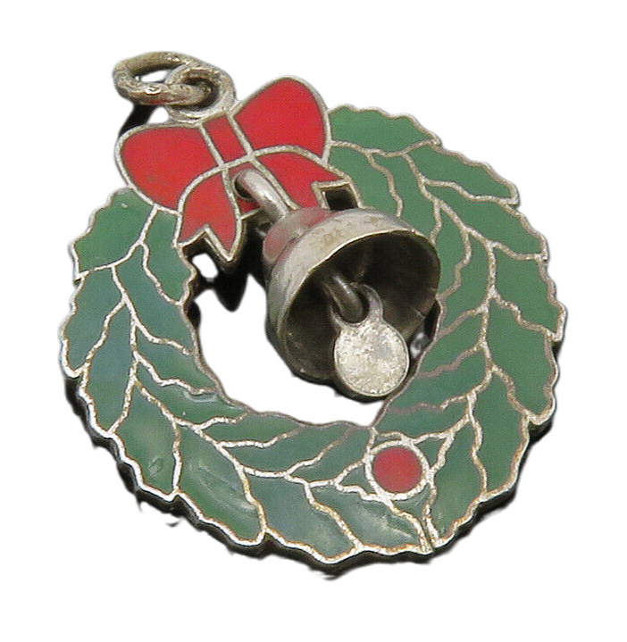 925 Sterling Silver  Vintage Enamel Christmas Wreath & Bell Pendant  PT9939
