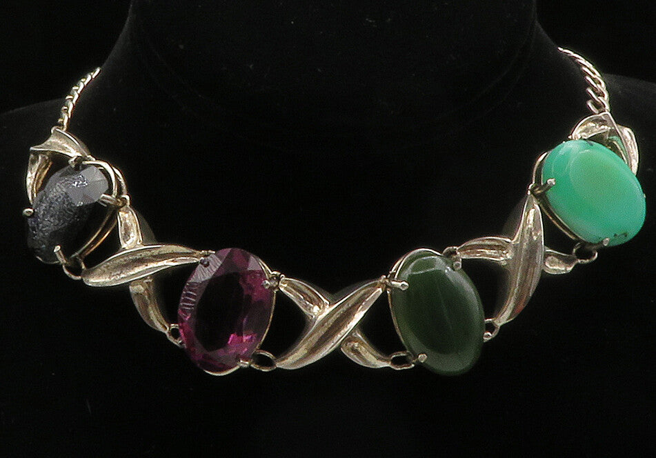925 Silver  Vintage Hematite Amethyst Turquoise & Jasper Chain Necklace NE2182
