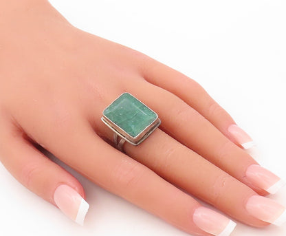 925 Sterling Silver Vintage Ring Rectangle Green Gemstone Inlay  Sz 7  RG30178