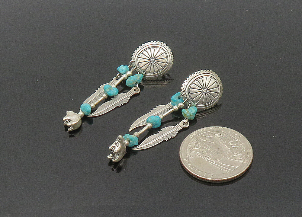 SOUTHWESTERN 925 Silver Vintage Turquoise Feather Dangle Earrings EG10447