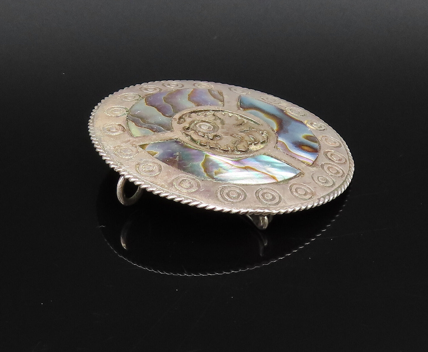 MEXICO 925 Silver  Vintage Rope Border & Circles Abalone Brooch Pin  BP10037