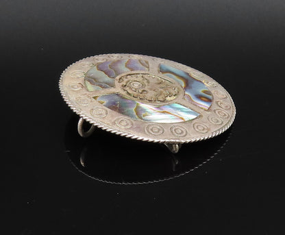 MEXICO 925 Silver  Vintage Rope Border & Circles Abalone Brooch Pin  BP10037