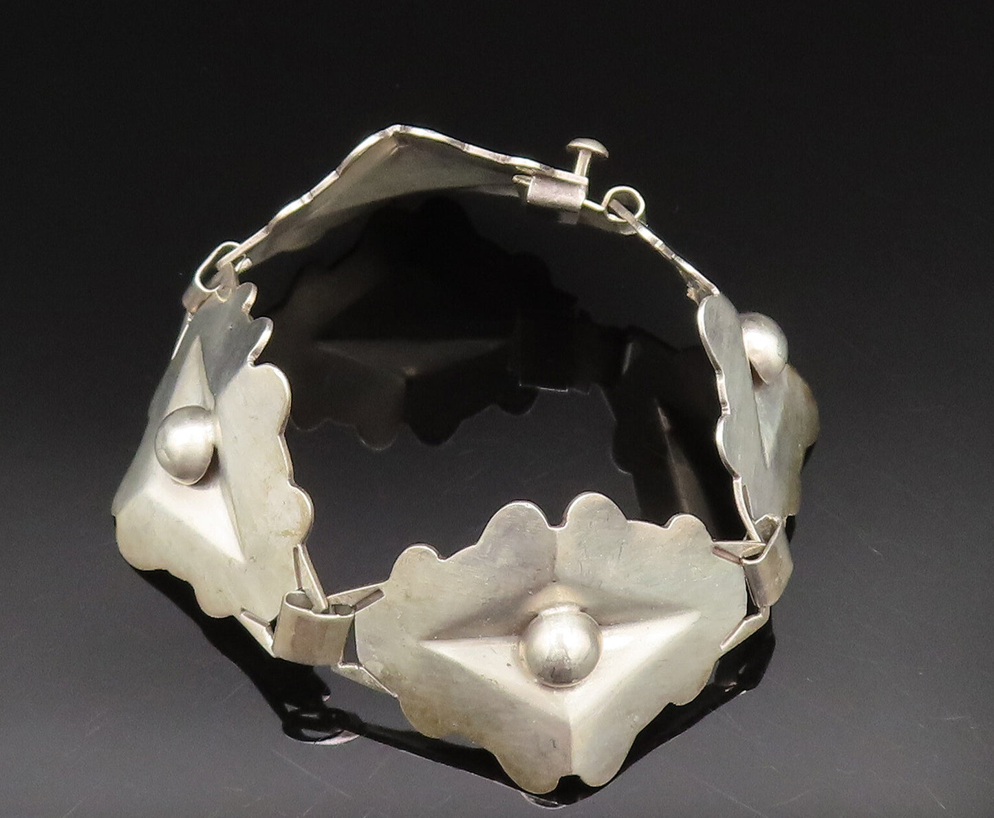 TAXCO 925 Sterling Silver Vintage Designer Floral Motif Link Bracelet BT9535