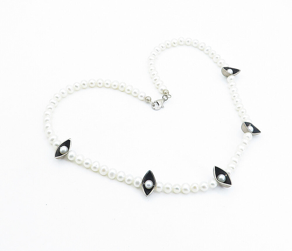 925 Sterling Silver  Vintage Petite Freshwater Pearls Beaded Necklace  NE1131