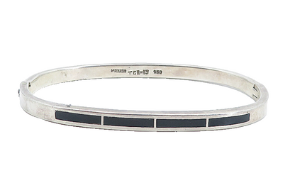MEXICO 925 Sterling Silver Vintage Inlaid Black Onyx Oval Bangle Bracelet BT2021