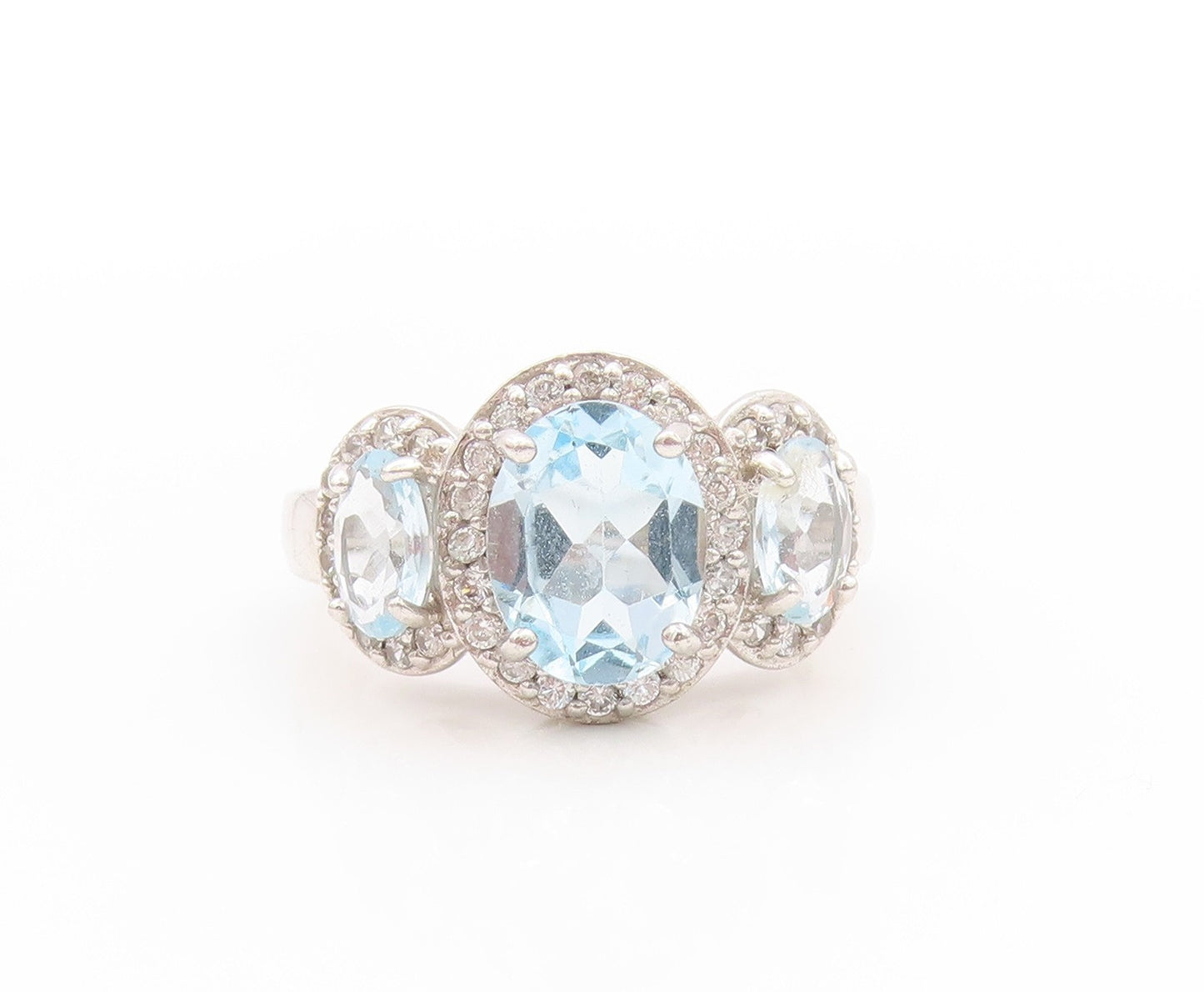 925 Sterling Silver Vintage Ring Three Blue Halo White Topaz  Sz 6  RG32788