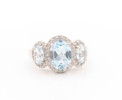 925 Sterling Silver Vintage Ring Three Blue Halo White Topaz  Sz 6  RG32788