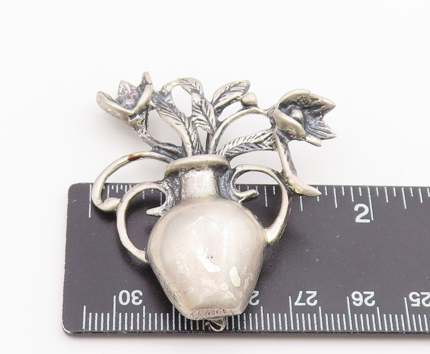 925 Sterling Silver  Vintage Oxidized Vase Of Flower Motif Brooch Pin  BP6324