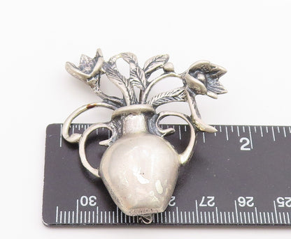 925 Sterling Silver  Vintage Oxidized Vase Of Flower Motif Brooch Pin  BP6324